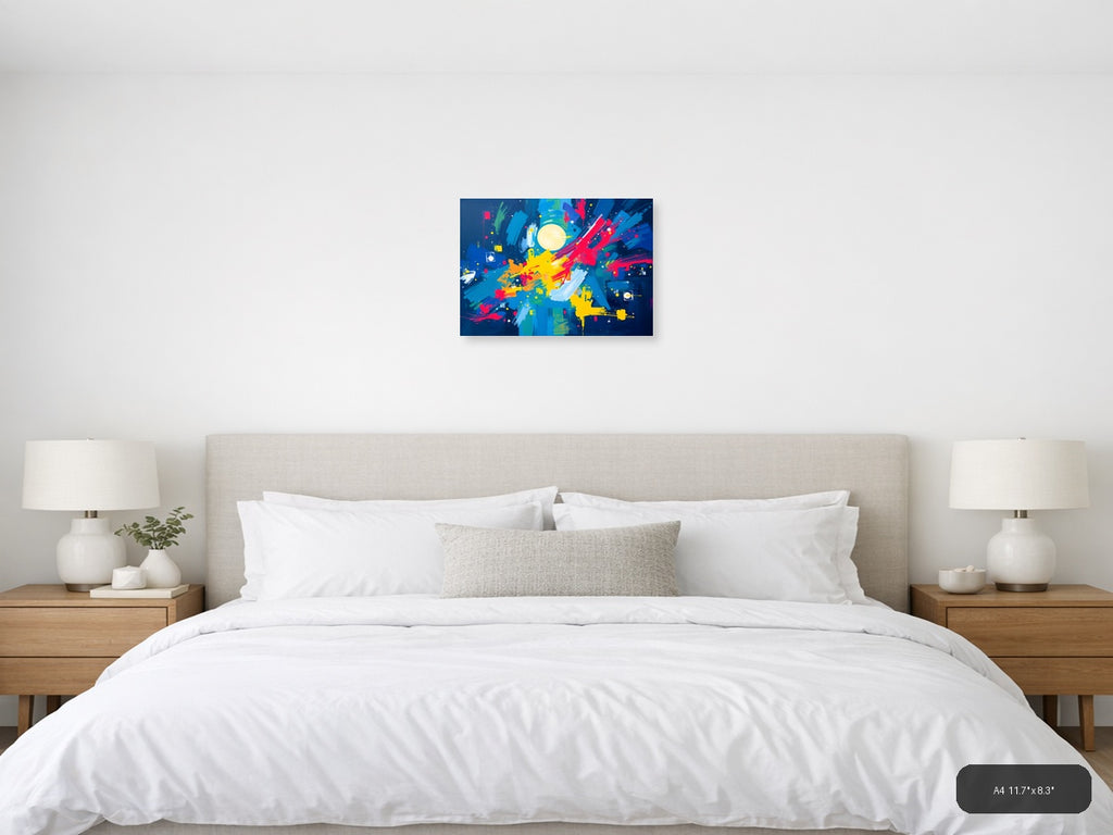 Abstract Cosmic Explosion with Moon & Burst Colors Wall Art — A4 / Bedroom
