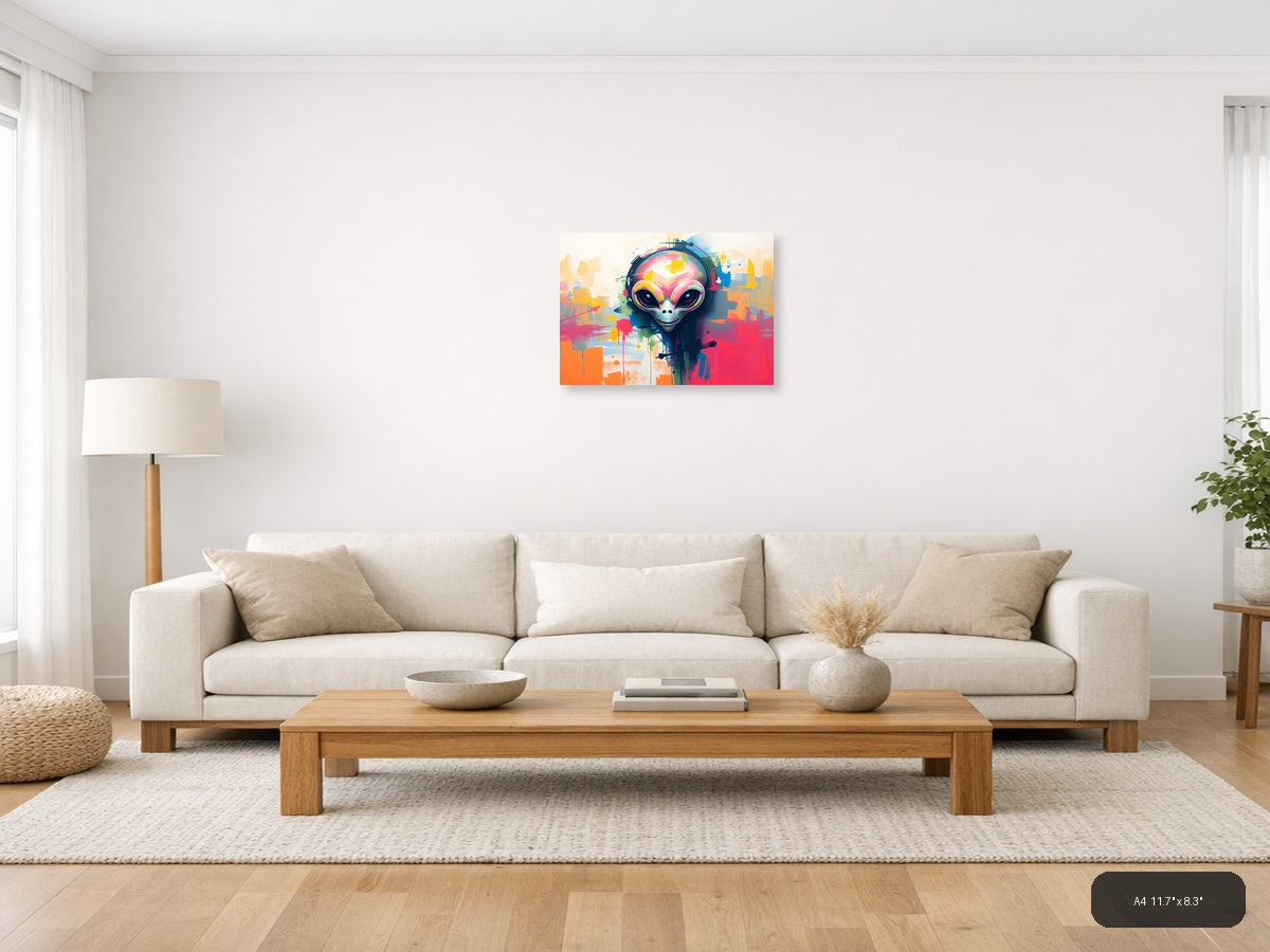 Colorful Alien with Headphones Abstract Wall Art — A4 / Living Room