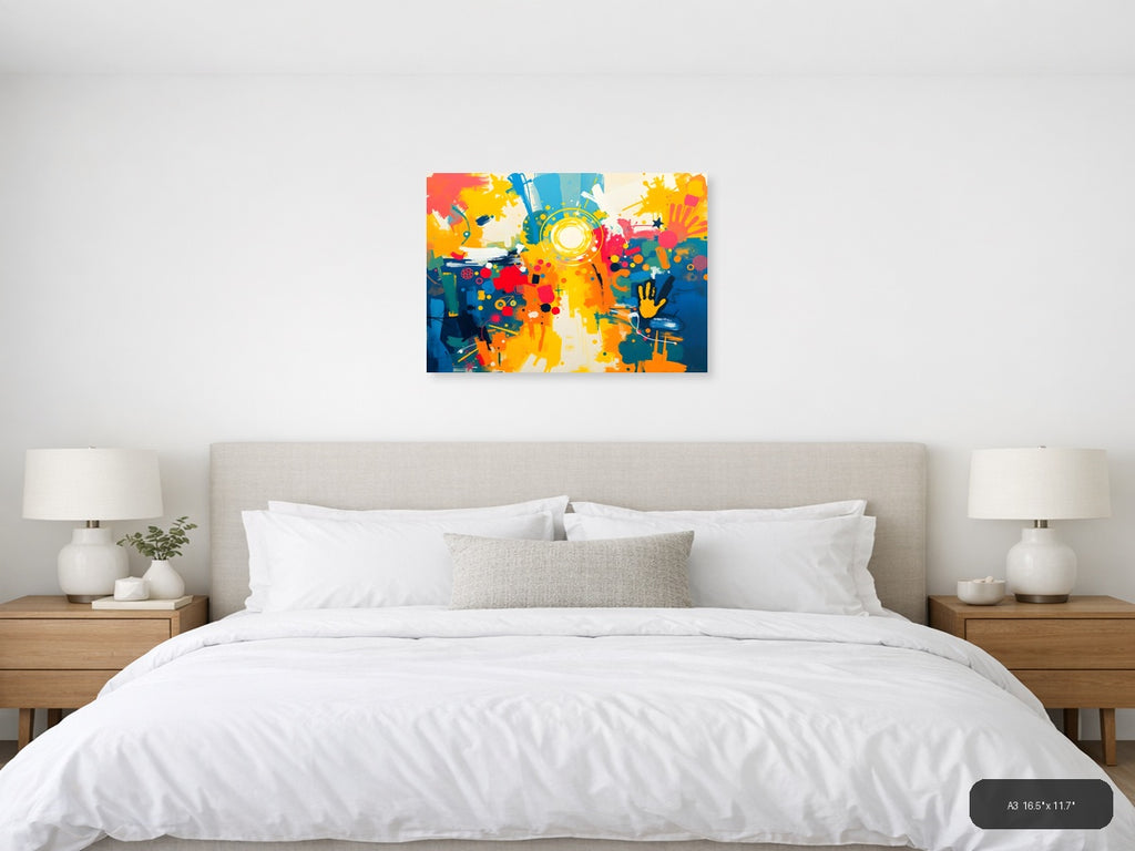 Vibrant Abstract Explosion Circular Yellow Focal Point Wall Art — A3 / Bedroom