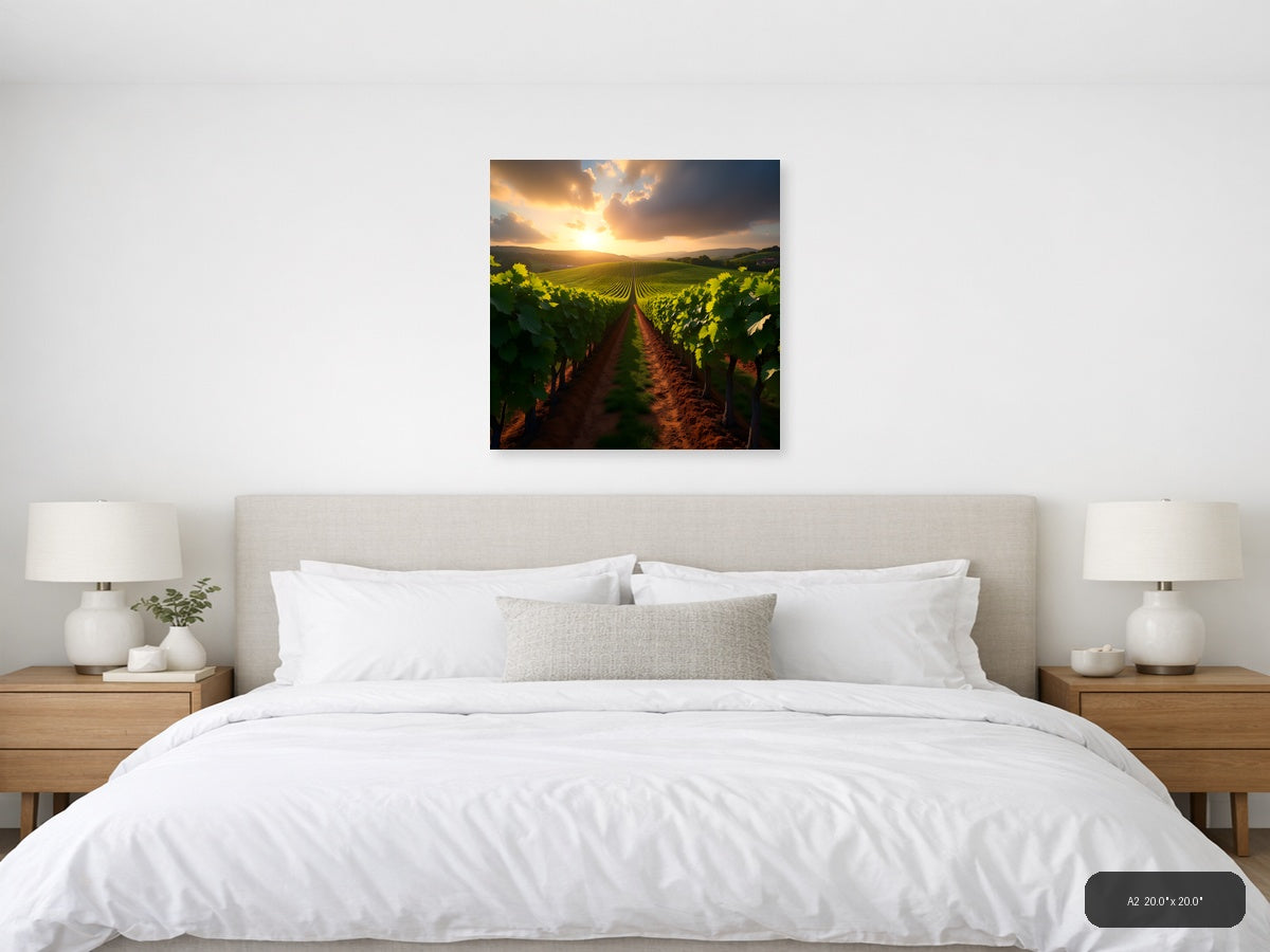 Golden Sunset Vineyard Landscape Photography Wall Art — A2 / Bedroom