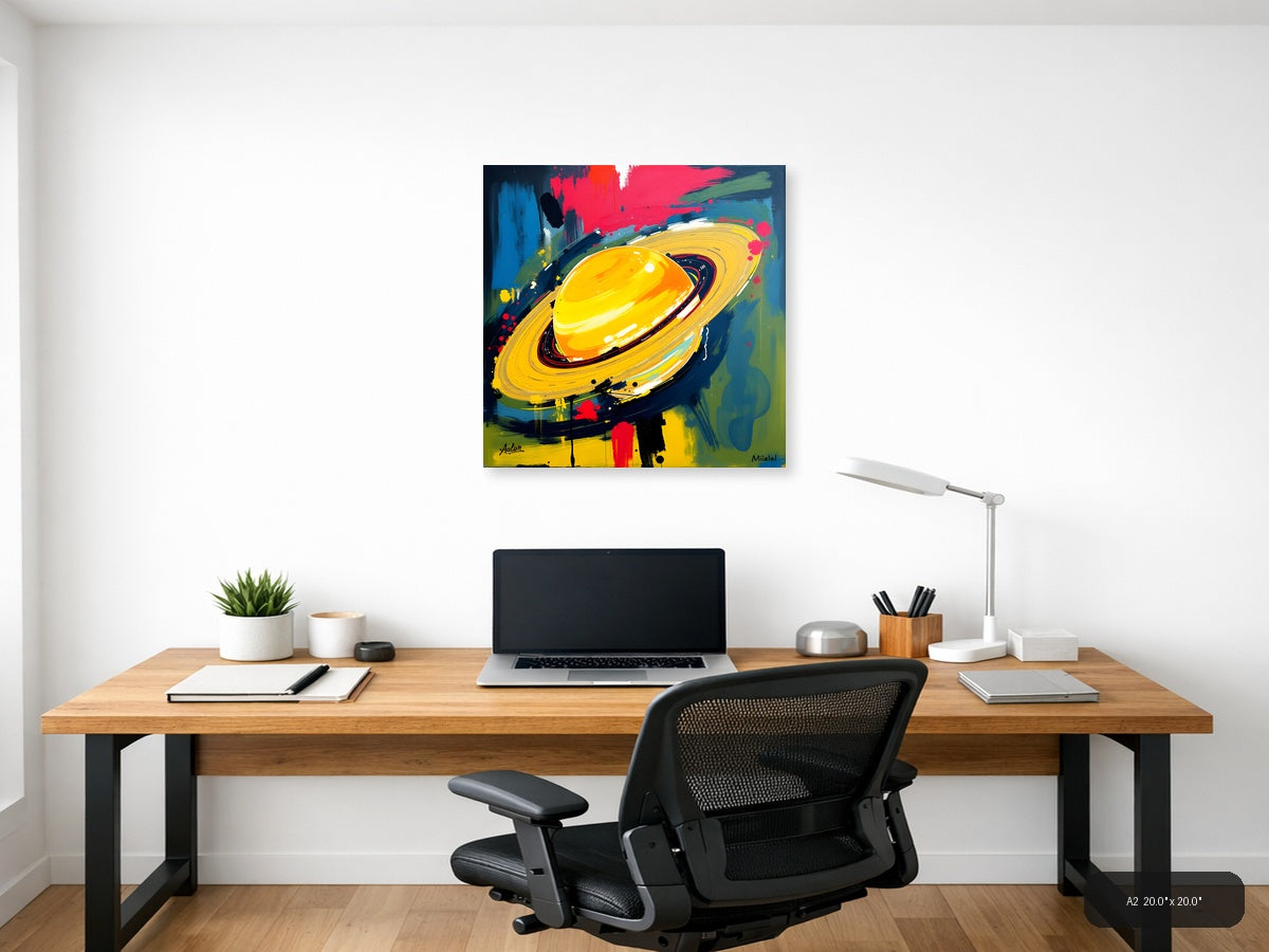 Abstract Yellow Planet with Rings - Modern Space Wall Art — A2 / Office