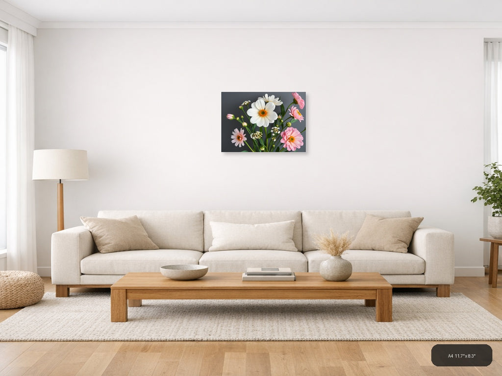 White Daisy & Pink Gerbera Minimalist Flower Wall Art — A4 / Living Room