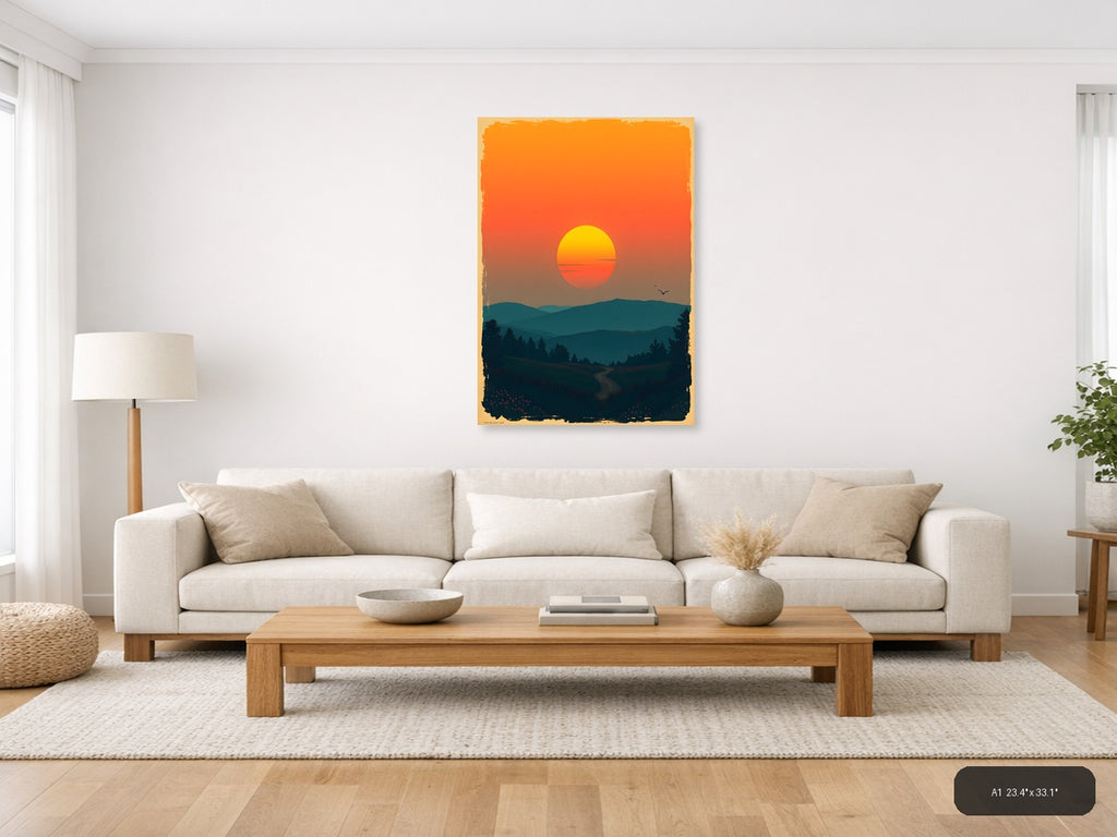 Vintage Sunset Mountain Road Landscape Wall Art — A1 / Living Room
