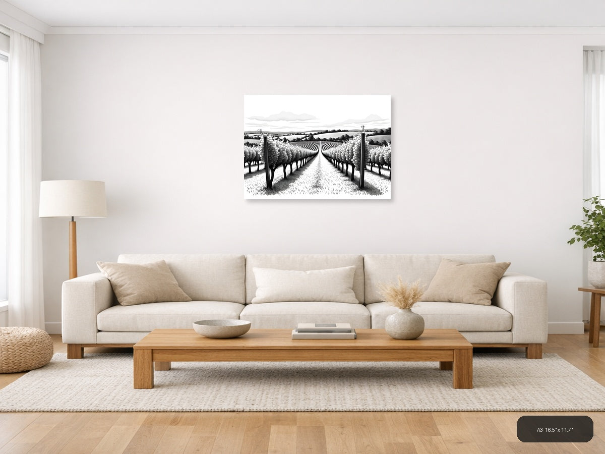 Vineyard Rows Line Art - Black & White Landscape Wall Art — A3 / Living Room