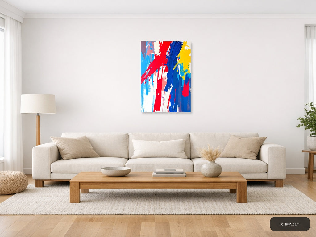 Bold Red, Blue & Yellow Abstract Brushstrokes Wall Art — A2 / Living Room