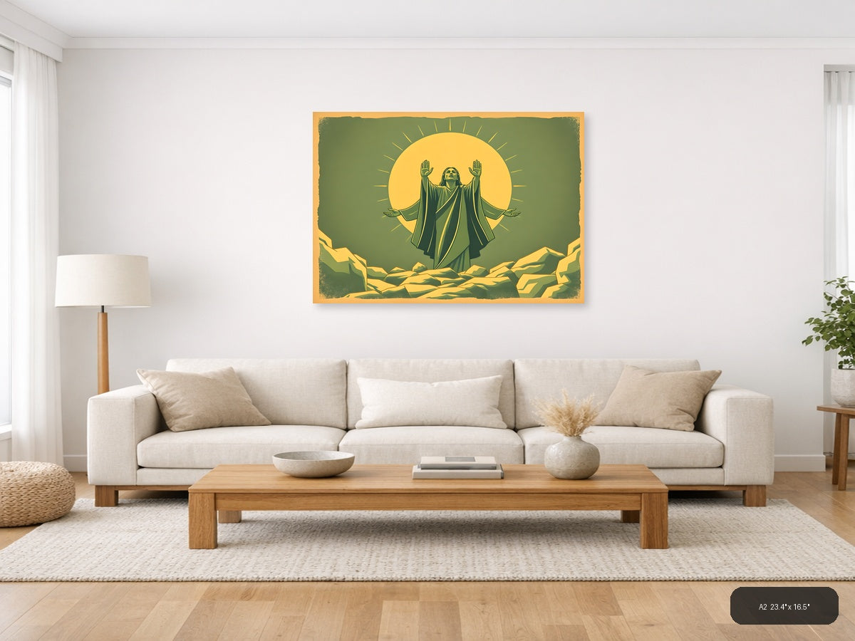 Vintage Spiritual Figure with Radiating Sun Halo Wall Art — A2 / Living Room