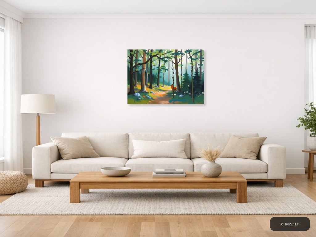 Forest Path with Red Fox - Abstract Landscape Wall Art — A3 / Living Room