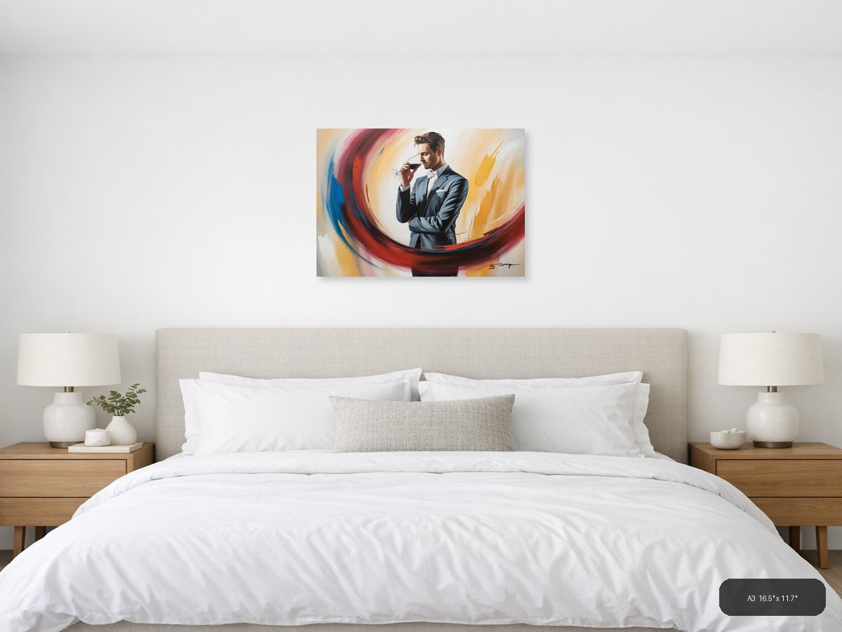 Elegant Man Wine Tasting Abstract Swirl Wall Art — A3 / Bedroom