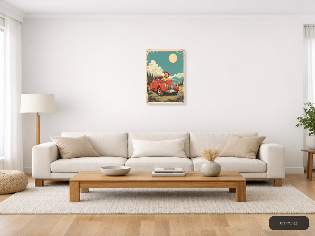 Vintage Teddy Bear in Red Truck Moonlight Wall Art — A3 / Living Room