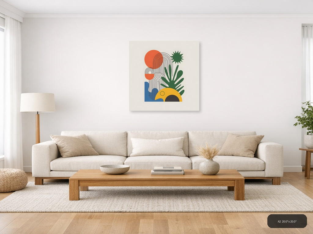 Abstract Cactus Line Art with Sun & Geometric Shapes Wall Art — A2 / Living Room