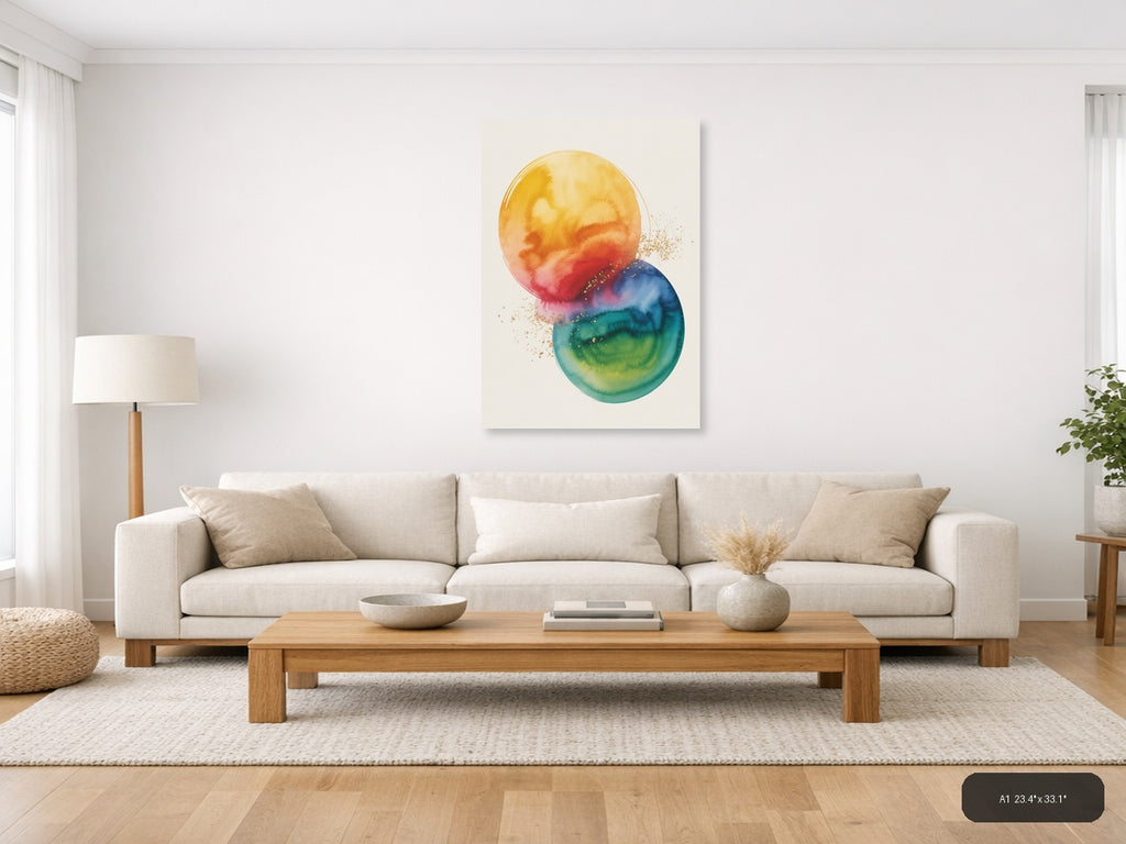 Watercolor Gradient Circles with Gold Splatter Wall Art — A1 / Living Room