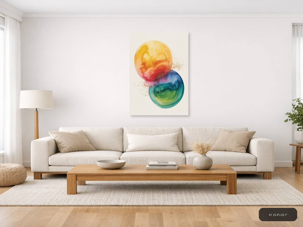 Watercolor Gradient Circles with Gold Splatter Wall Art — A1 / Living Room