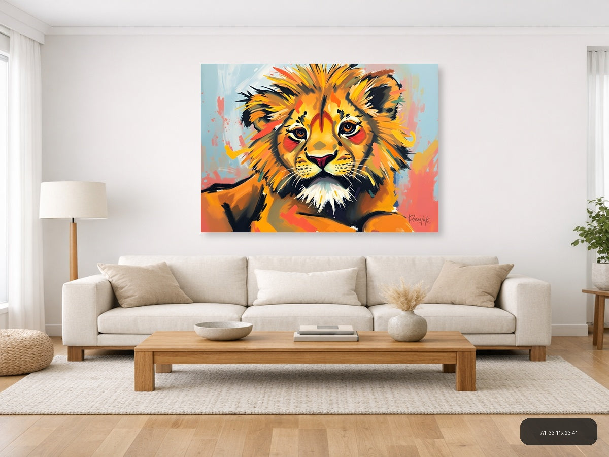 Abstract Lion Portrait - Vibrant Orange Wall Art — A1 / Living Room