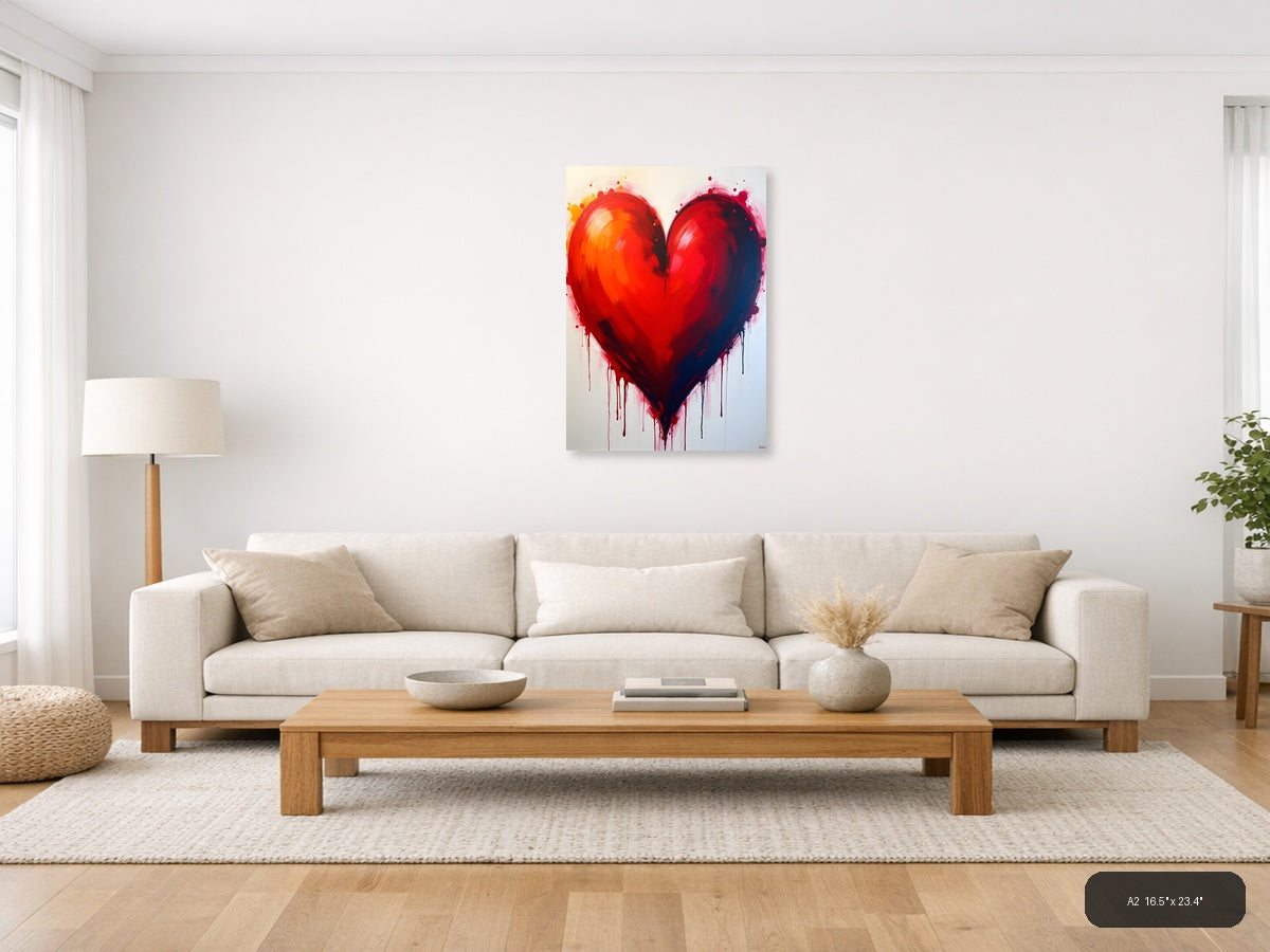 Abstract Red Heart with Dripping Paint Wall Art — A2 / Living Room