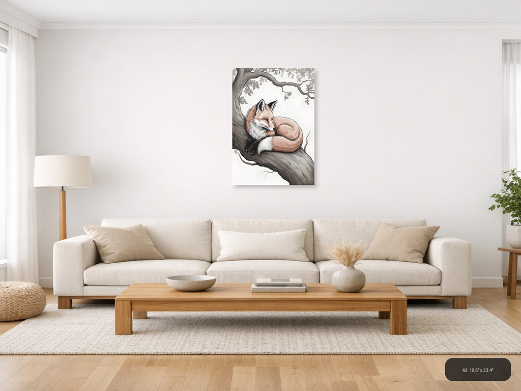 Resting Fox Under Oak Tree Line Art Wall Art — A2 / Living Room