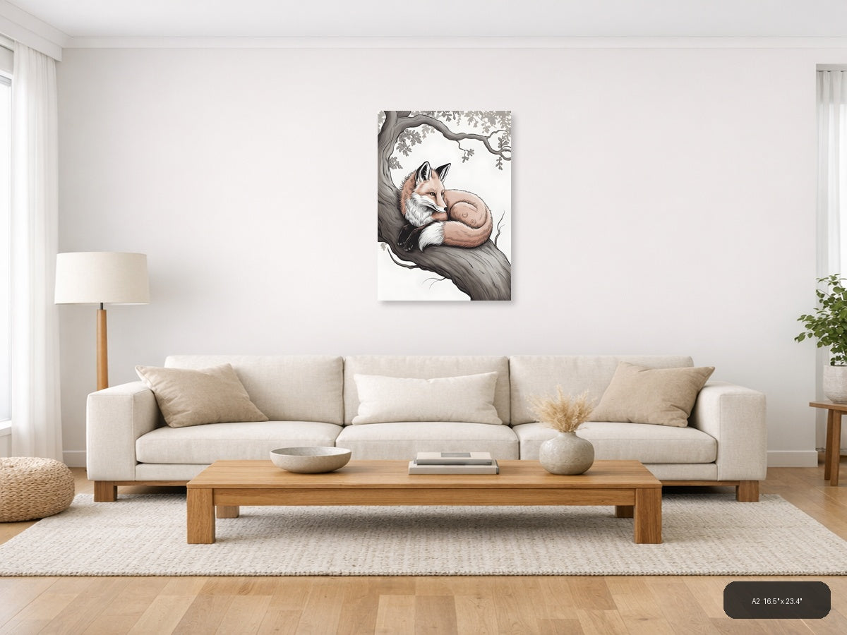 Resting Fox Under Oak Tree Line Art Wall Art — A2 / Living Room
