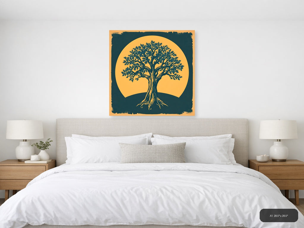 Vintage Tree of Life Against Golden Sun Wall Art — A1 / Bedroom