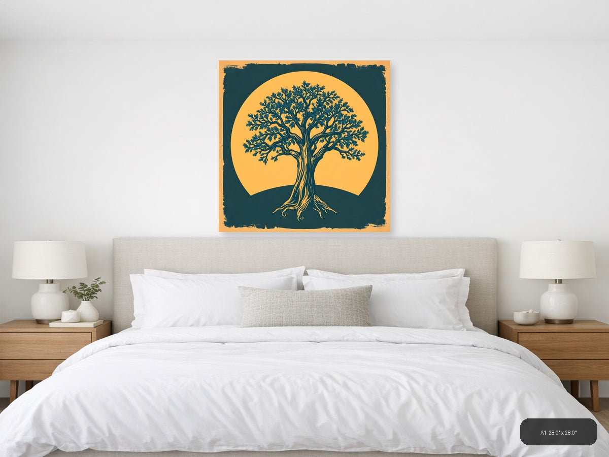Vintage Tree of Life Against Golden Sun Wall Art — A1 / Bedroom