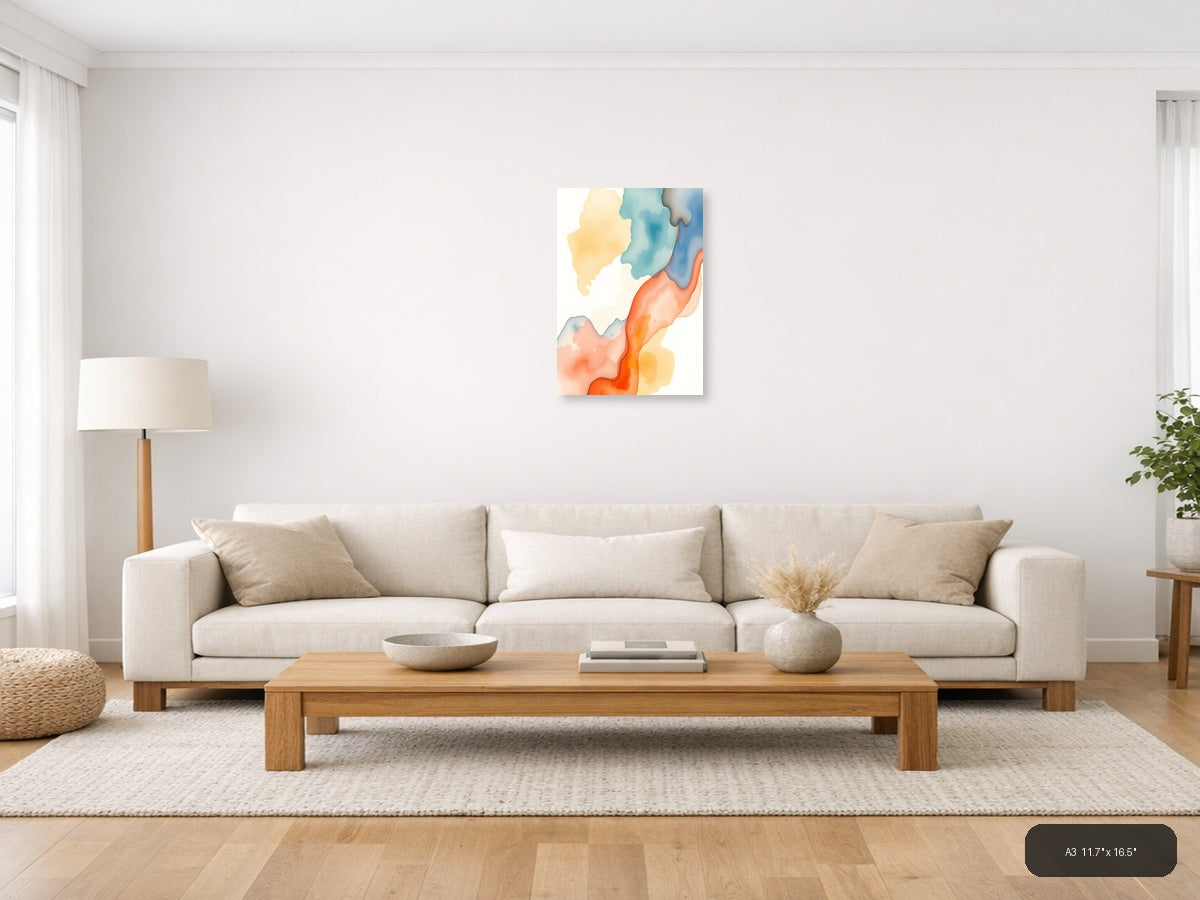 Abstract Watercolor Landscape with Warm Orange & Cool Blue Wall Art — A3 / Living Room