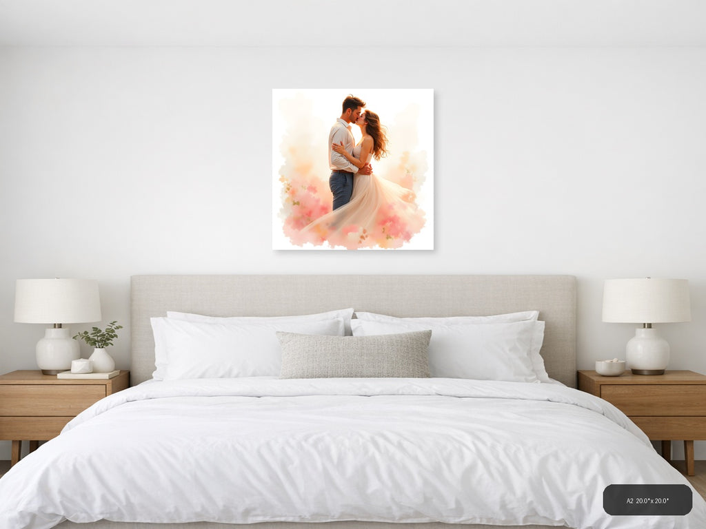 Romantic Couple Kissing Watercolor Wall Art — A2 / Bedroom
