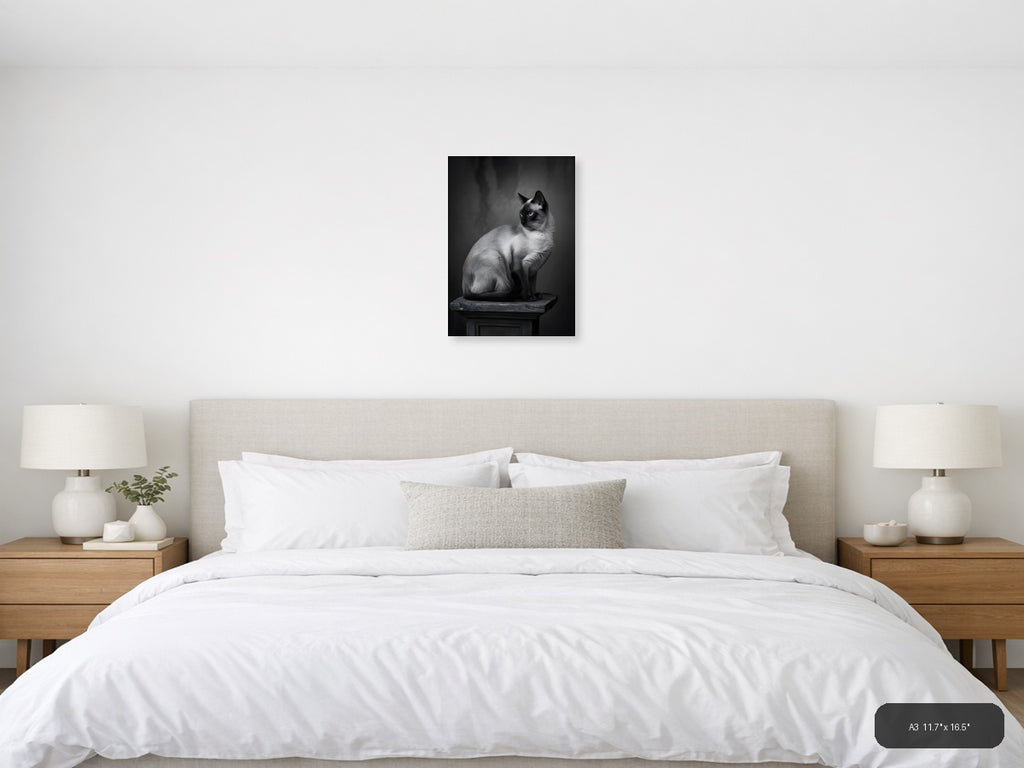 Siamese Cat Portrait Black and White Photography Wall Art — A3 / Bedroom