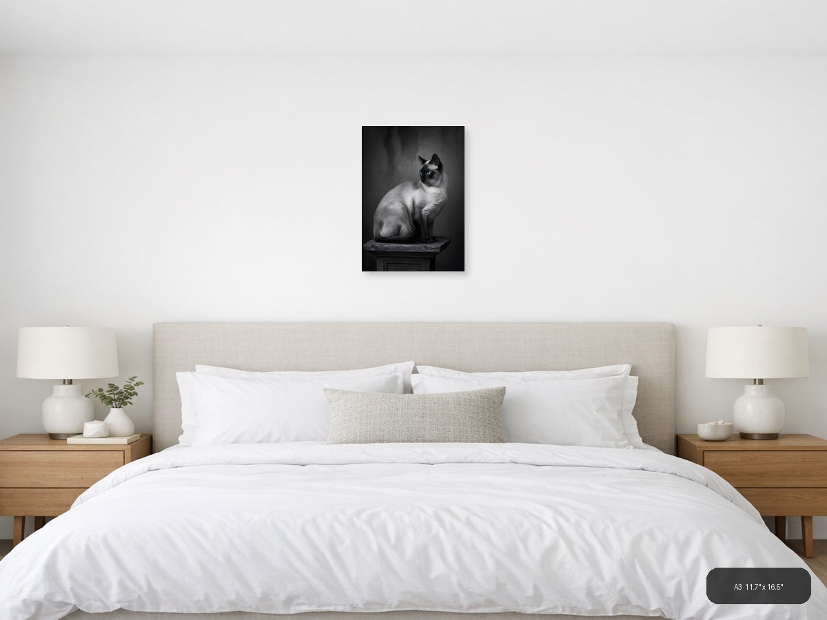 Siamese Cat Portrait Black and White Photography Wall Art — A3 / Bedroom