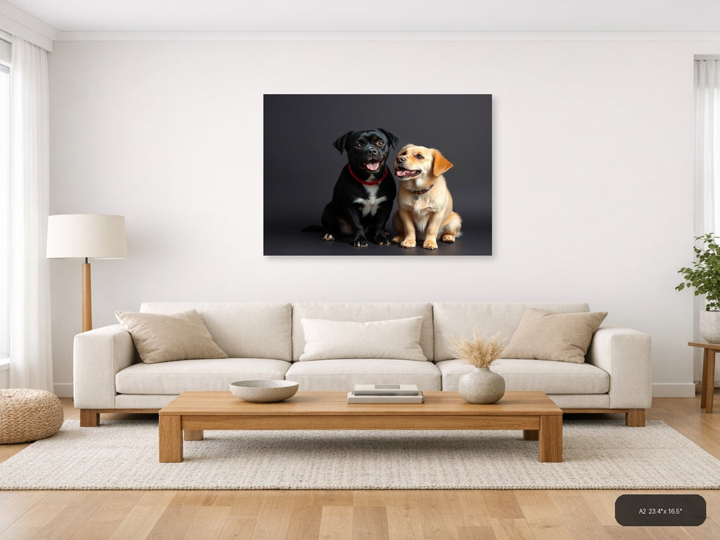 Two Happy Labradors Portrait on Gray | Minimalist Dog Wall Art — A2 (Living Room)