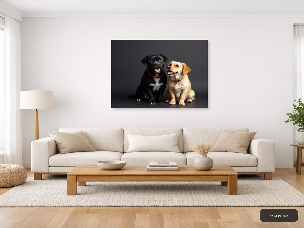 Two Happy Labradors Portrait on Gray | Minimalist Dog Wall Art — A2 (Living Room)
