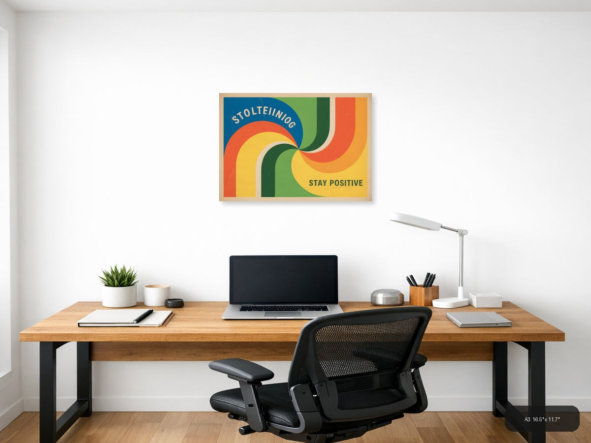 Vintage Retro Rainbow Curves 'Stay Positive' Wall Art — A3 / Office