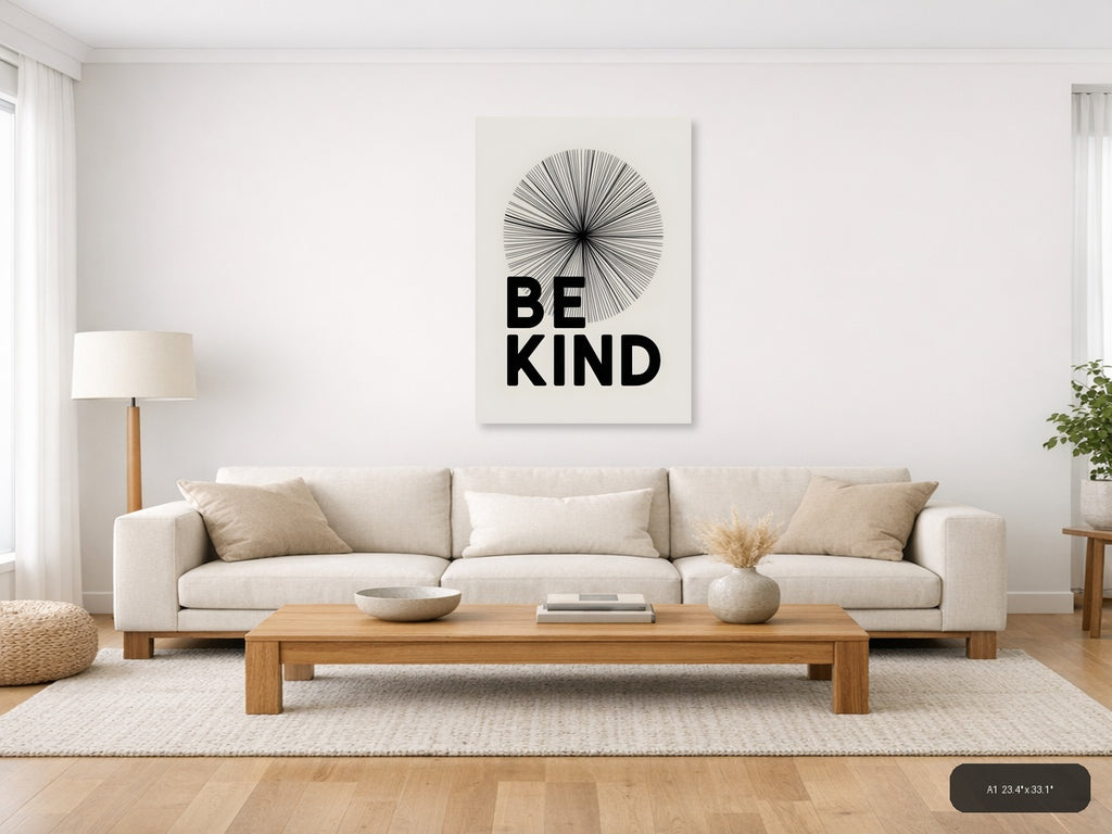 Be Kind Line Art Circle Radiant Black White Wall Art — A1 / Living Room
