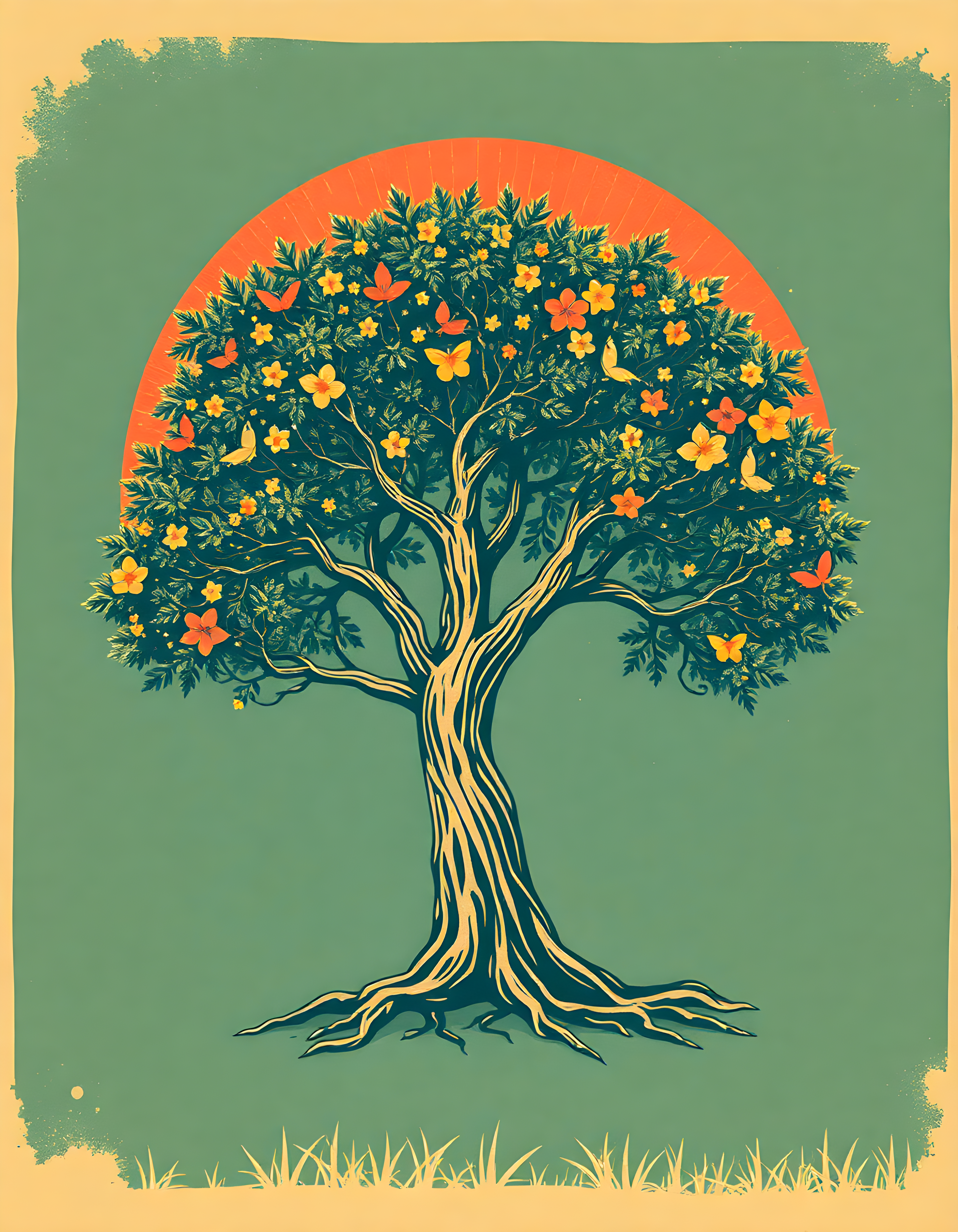 Vintage Flowering Tree with Orange Sun Wall Art