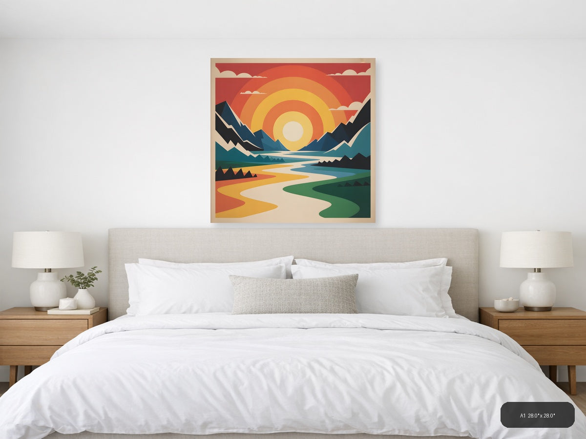 Vintage Sunset Mountain River Landscape Wall Art — A1 / Bedroom