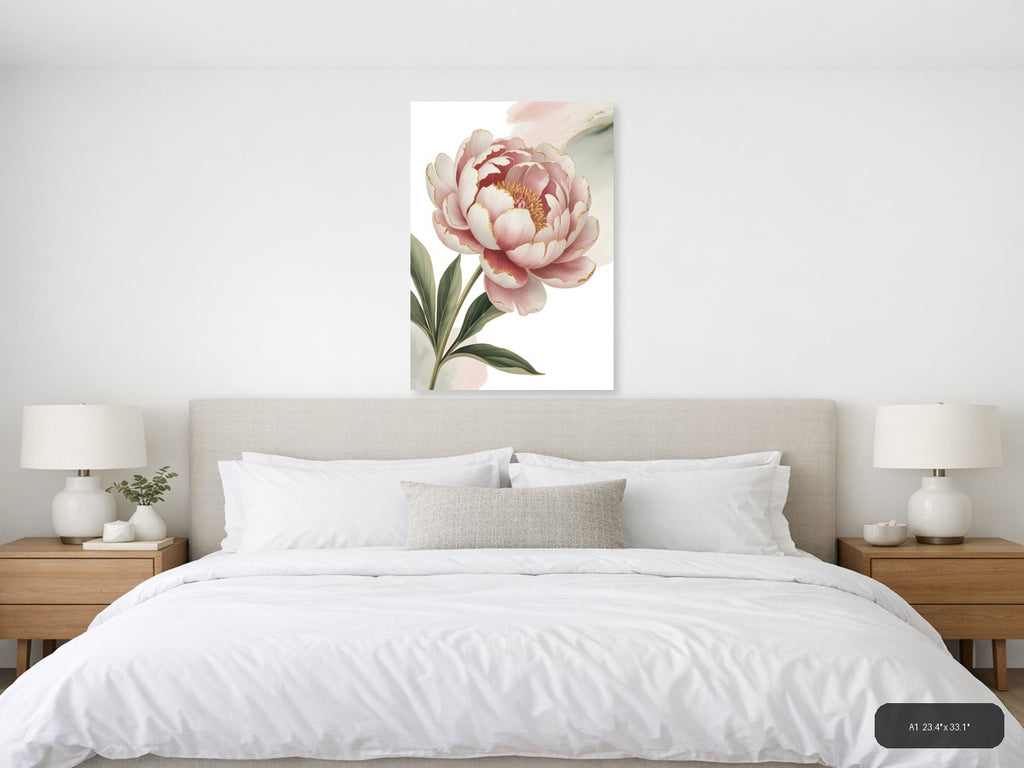 Pink Peony with Gold Accents Watercolor Wall Art — A1 / Bedroom