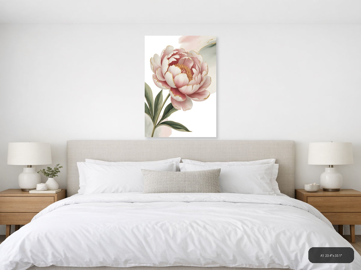 Pink Peony with Gold Accents Watercolor Wall Art — A1 / Bedroom