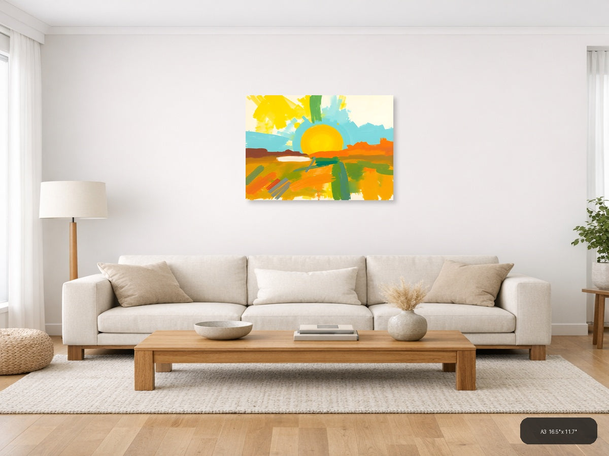 Abstract Sunset Landscape with Yellow Sun Wall Art — A3 / Living Room