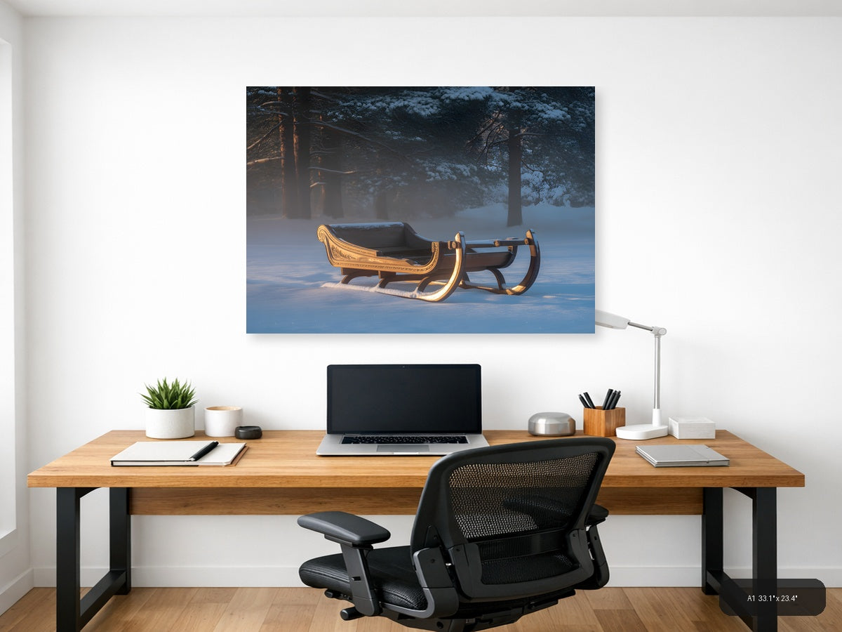 Golden Sleigh in Winter Forest Snow Photography Wall Art — A1 / Office