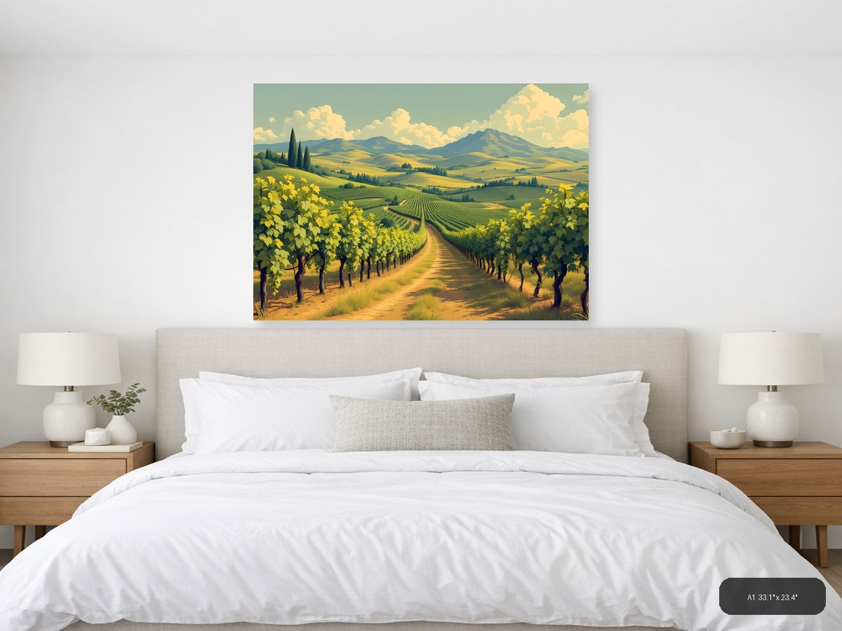 Vintage Tuscan Vineyard Landscape with Mountains Wall Art — A1 / Bedroom