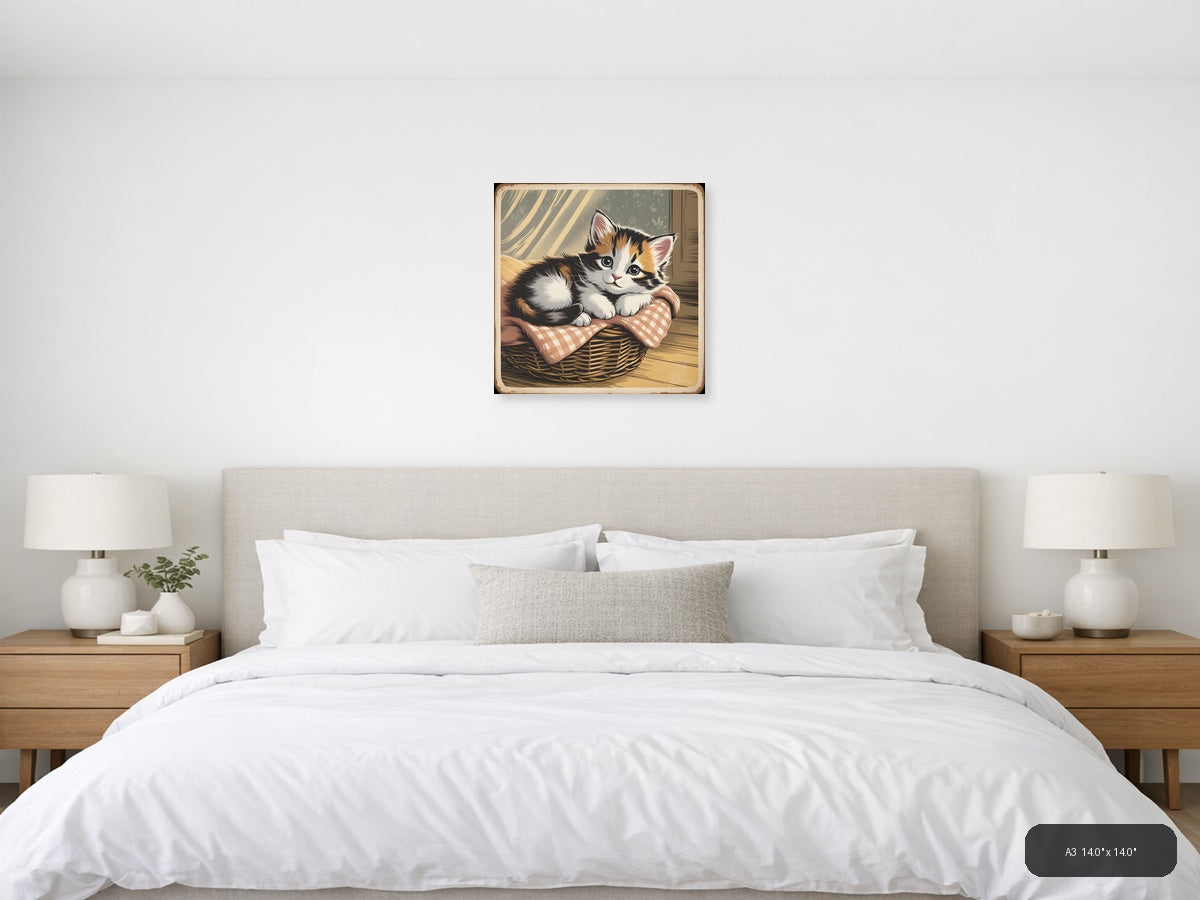 Vintage Calico Kitten in Basket - Square Wall Art — A3 / Bedroom