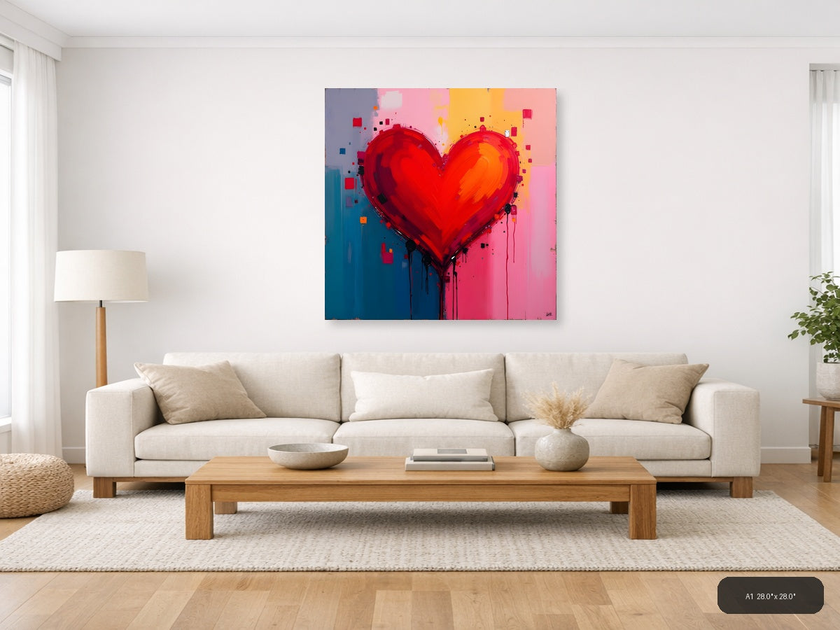 Abstract Red Heart with Dripping Paint Wall Art — A1 / Living Room
