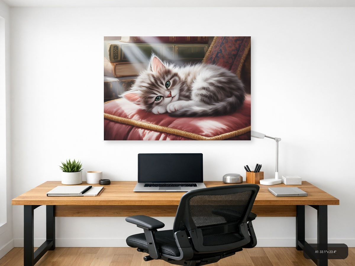 Fluffy White Cat Watercolor Portrait Wall Art — A1 / Office