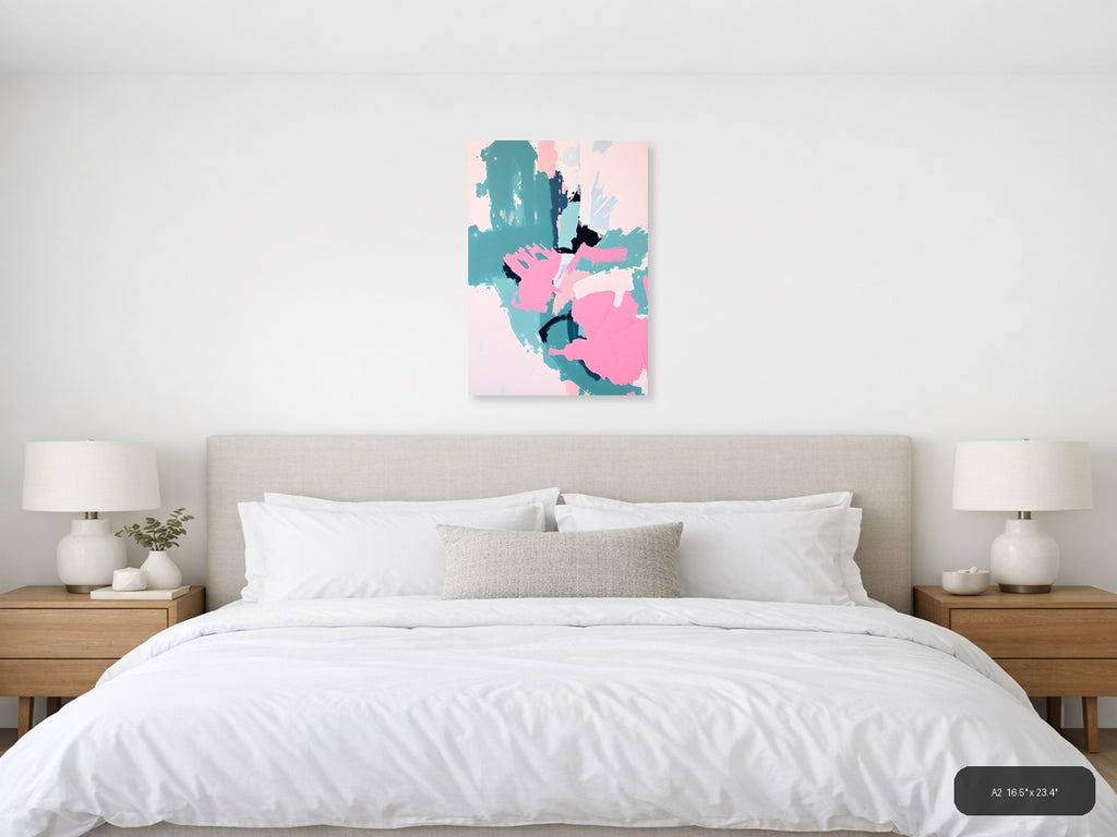 Abstract Teal Pink Black Brushstroke Map Wall Art — A2 / Bedroom