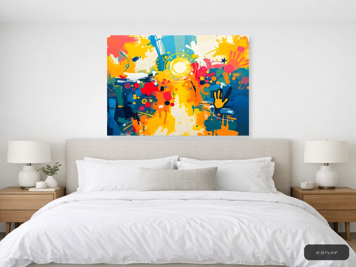 Vibrant Abstract Splatter Art with Yellow Circles Wall Art — A1 / Bedroom