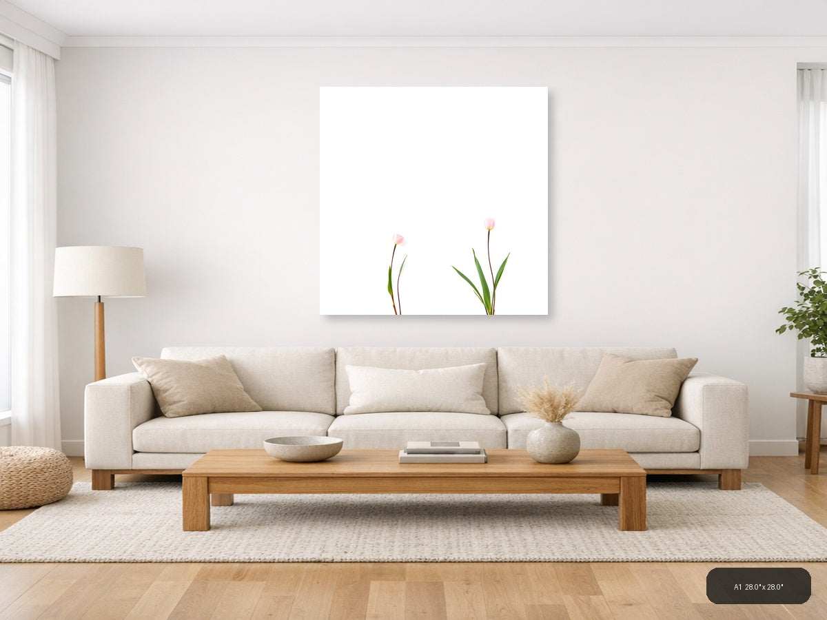 Minimalist Pink Tulips on White Background Wall Art — A1 / Living Room