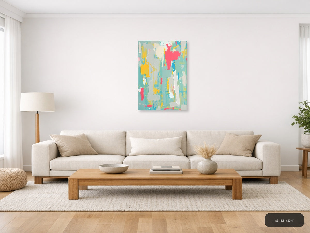 Vibrant Abstract Splatter Turquoise Yellow Pink Wall Art — A2 / Living Room