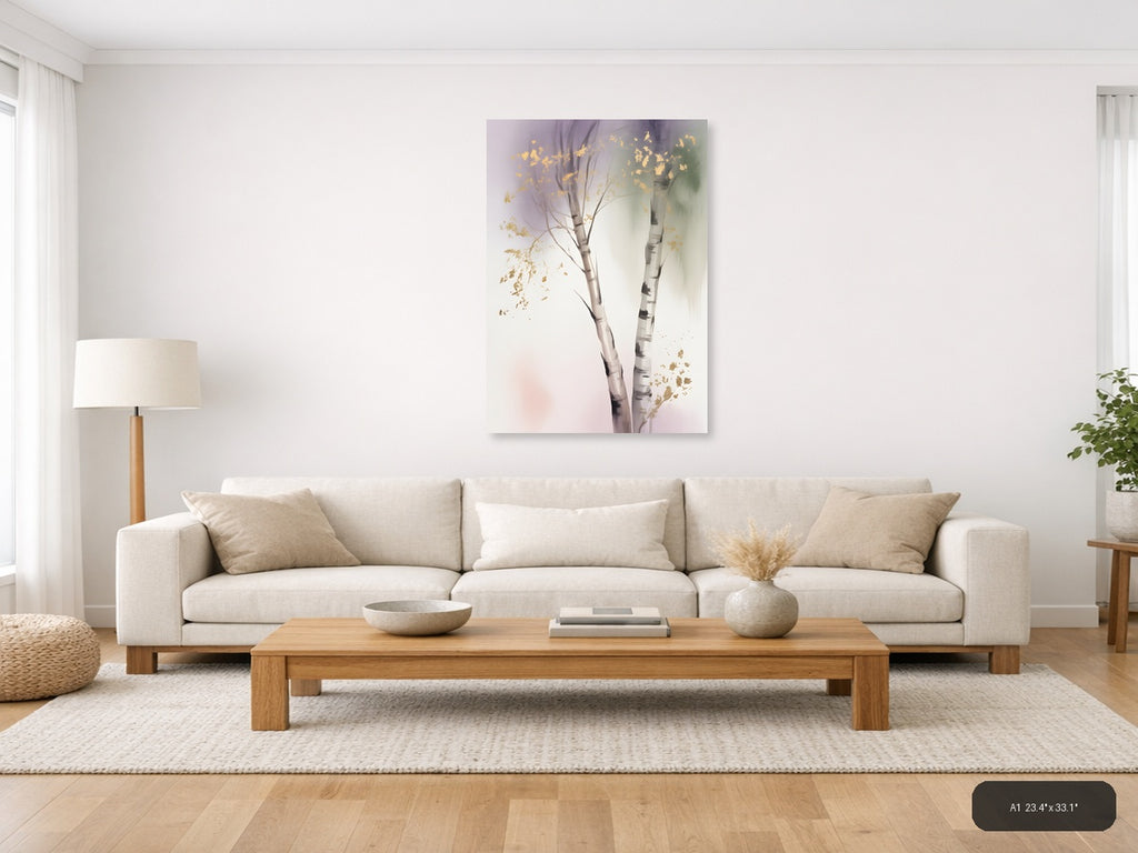 Golden Birch Trees Watercolor Portrait Wall Art — A1 / Living Room