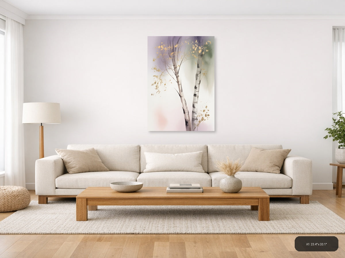 Golden Birch Trees Watercolor Portrait Wall Art — A1 / Living Room