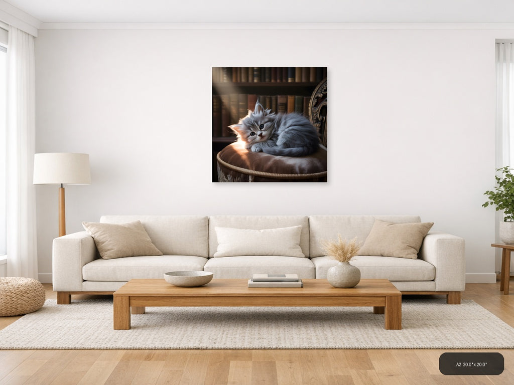 Fluffy Gray Kitten on Cushion Photography Wall Art — A2 / Living Room
