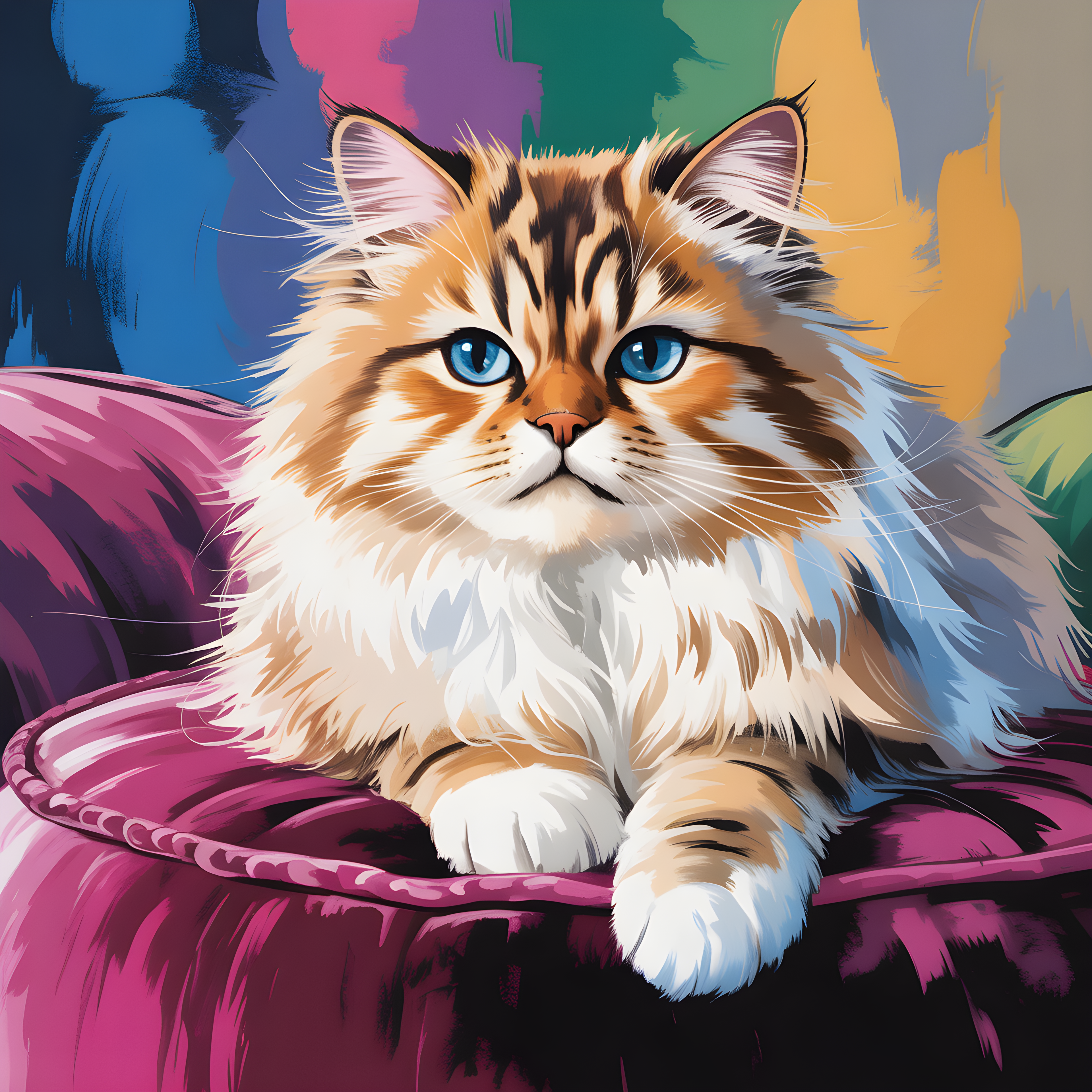 Fluffy Cat with Blue Eyes Abstract Colorful Wall Art