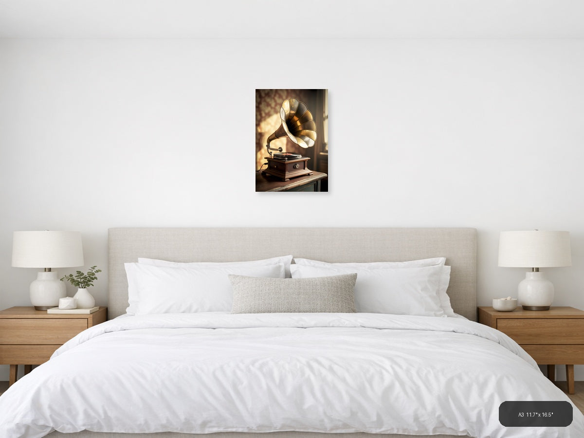 Vintage Gramophone with Vinyl Record Portrait Wall Art — A3 / Bedroom