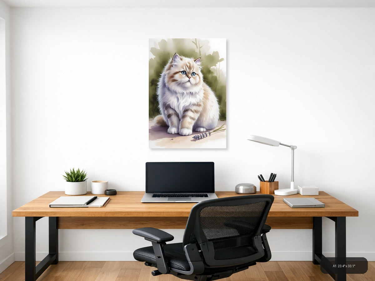 Fluffy White Cat Blue Eyes Watercolor Portrait Wall Art — A1 / Office